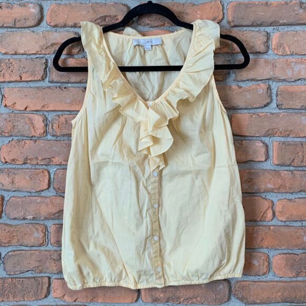 LOFT‎ Top Women's Size XS Yellow Cotton Ruffle V-Neck Button Down Blouse Tank